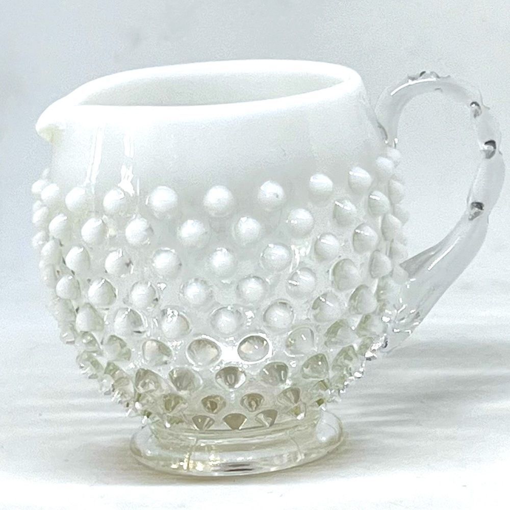 Vtg Fenton Opalescent Hobnail Squat Jug Creamer Pitcher Crimped Handle SWEET EUC